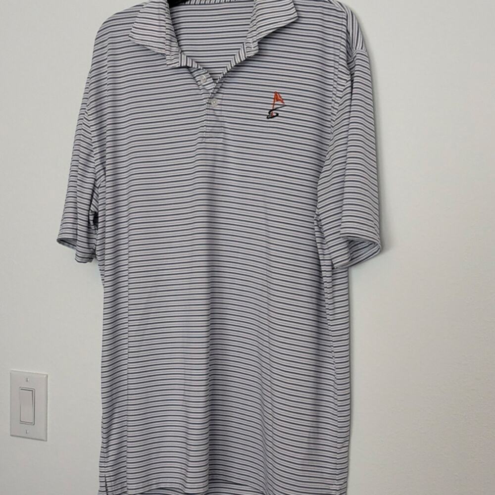 Holderness & Bourne XL Tailored Fit Striped Golf Polo Shirt White Navy Polyester